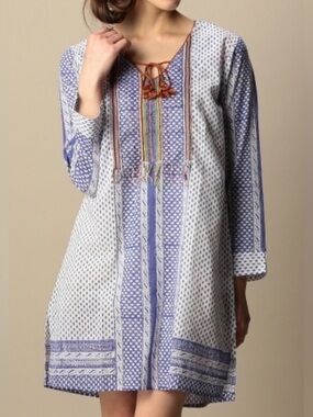 Roberta Roller Rabbit Boho Tunic Mini Dress Blue White Rainbow Embroidered Small